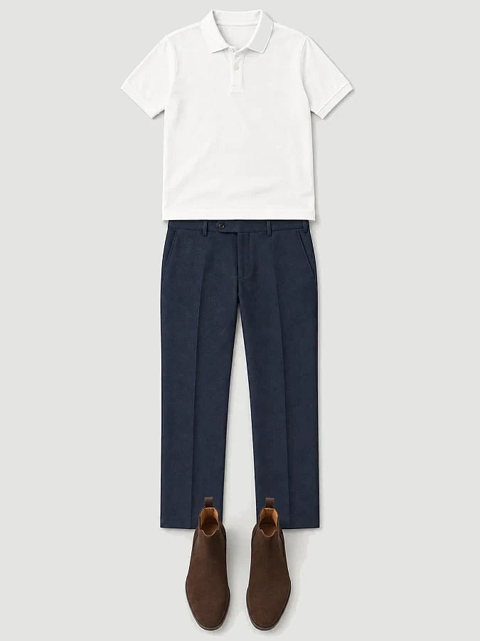 White polo, navy trousers, brown boots