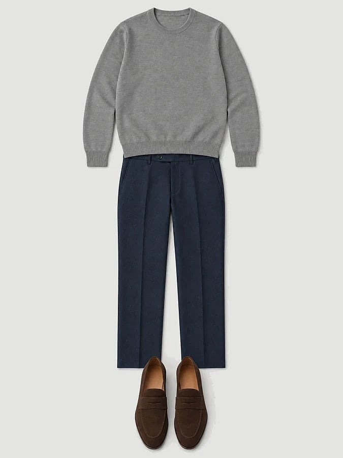 Grey jumper, navy trousers, brown loafers