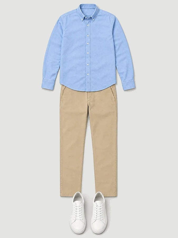 Light blue shirt, beige chinos, white sneakers
